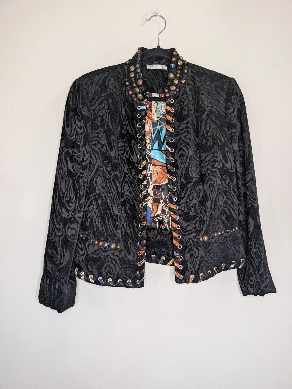 Alberto Makali Black Jacquard Embellished Lace-Up Jacket Blazer Art-to-Wear